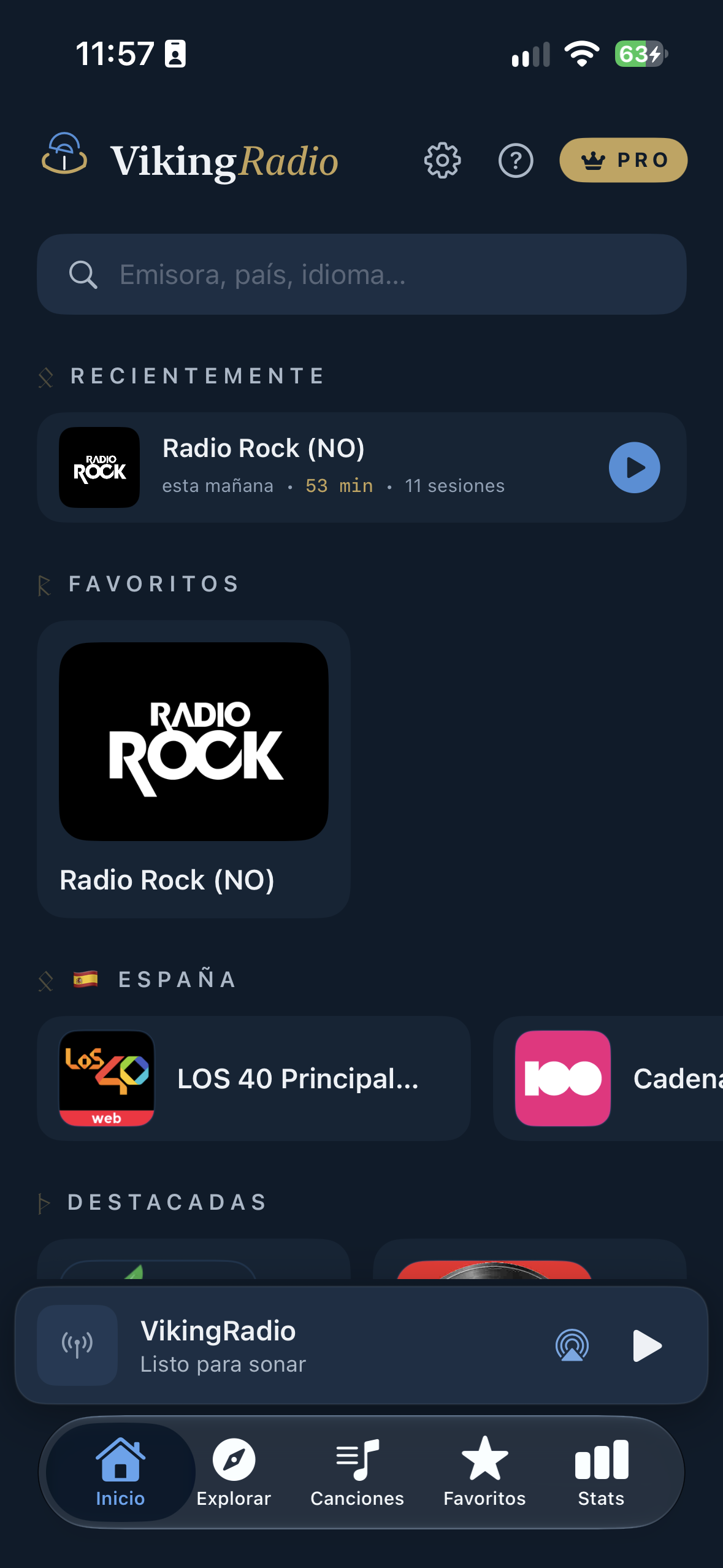 Pantalla principal con favoritos y recomendaciones