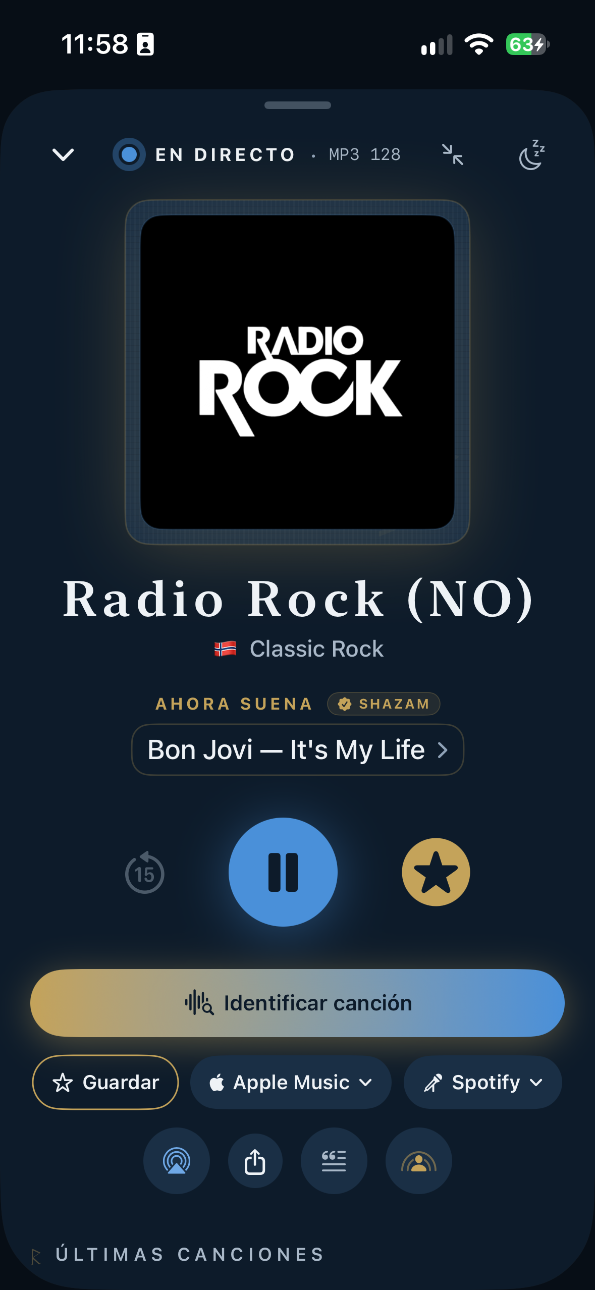 Reproductor en directo con Shazam identificando cancion